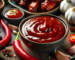 A bowl of spicy wing sauce surrounded by garlic, chili peppers, and herbs, with coated chicken wings on the side.
