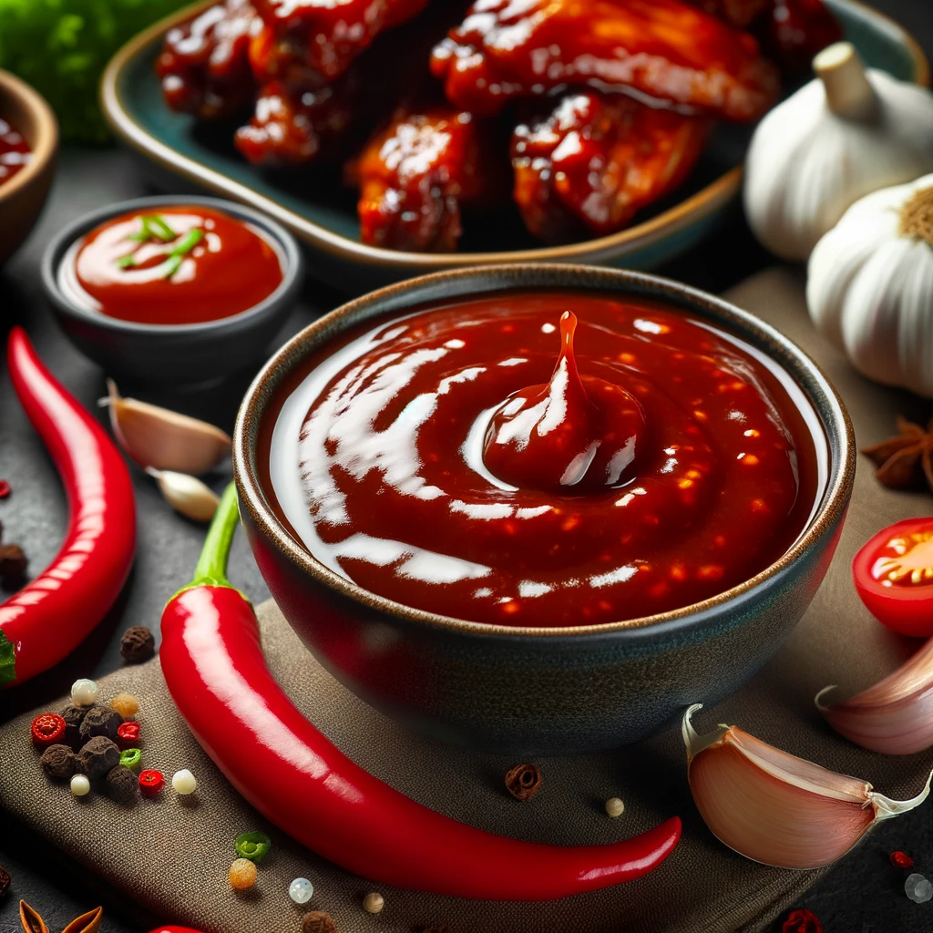 An image depicting a delicious wing sauce recipe. The scene includes a bowl of rich, glossy wing sauce, its deep red color indicating a spicy and flavor.