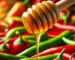 Wooden honey dipper with dripping honey against a backdrop of colorful chili peppers.
